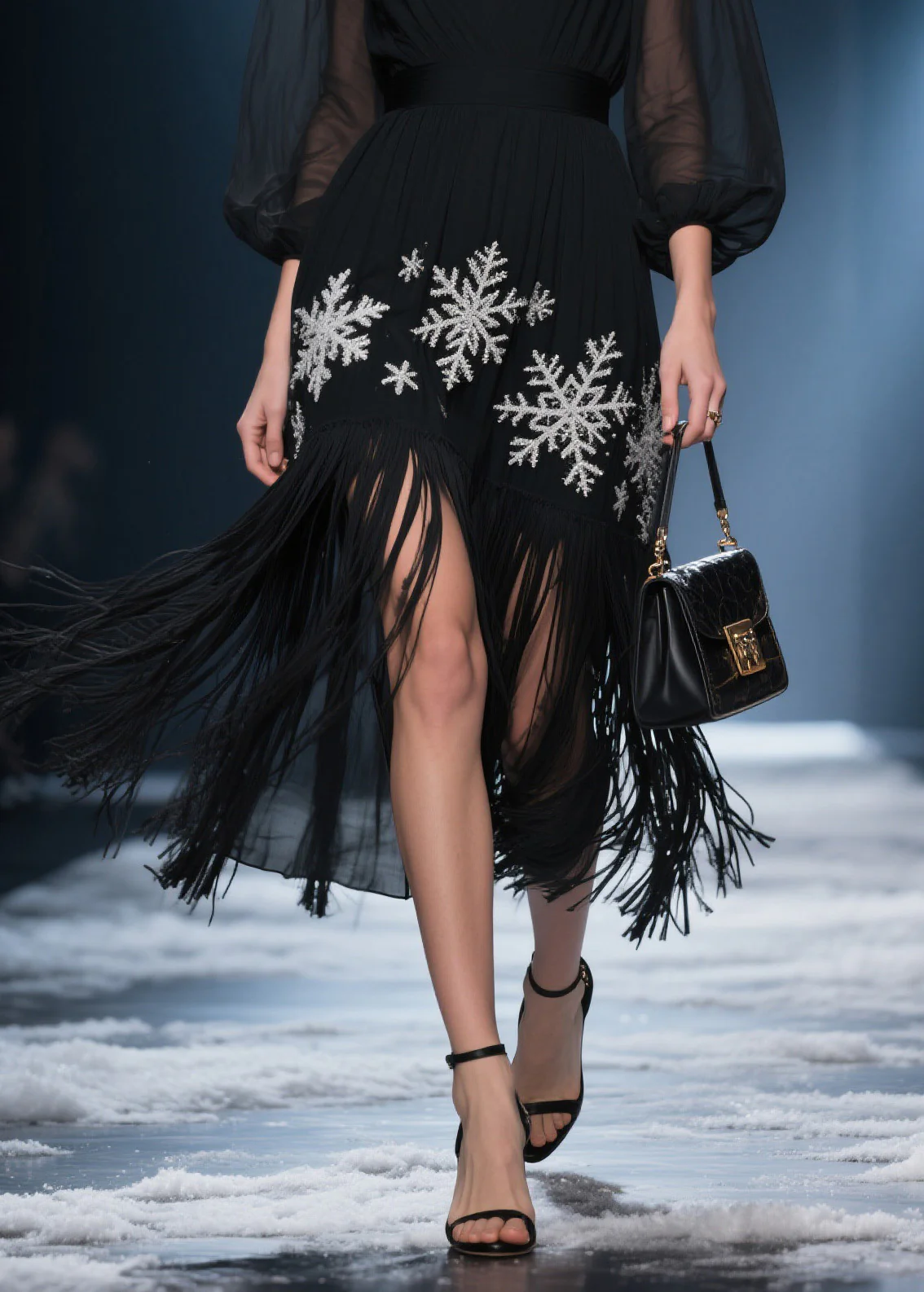 Italian Black V Neck Tassel Patchwork Chiffon Long Dress Summer - Image 4