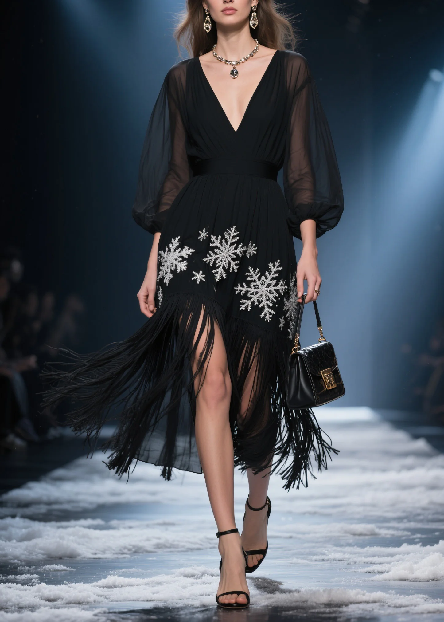Italian Black V Neck Tassel Patchwork Chiffon Long Dress Summer - Image 5