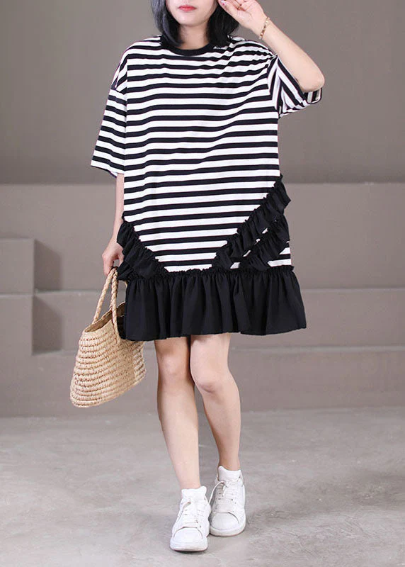 Italian Black White Striped O-Neck Patchwork Ruffled Robe Dresses Short Sleeve - Image 2