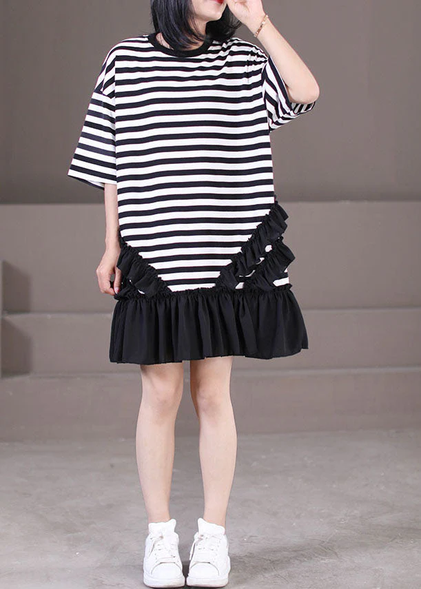 Italian Black White Striped O-Neck Patchwork Ruffled Robe Dresses Short Sleeve - Image 3