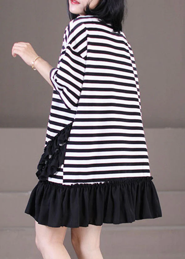 Italian Black White Striped O-Neck Patchwork Ruffled Robe Dresses Short Sleeve - Image 4