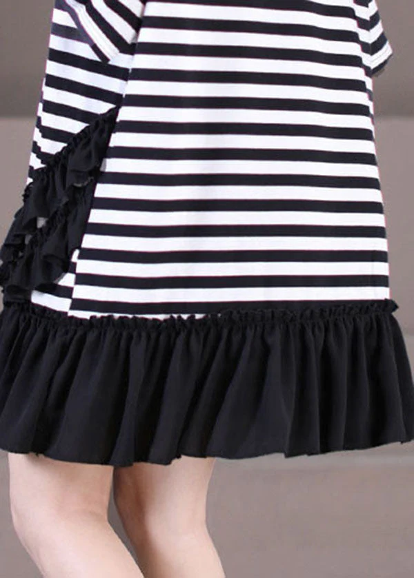 Italian Black White Striped O-Neck Patchwork Ruffled Robe Dresses Short Sleeve - Image 5