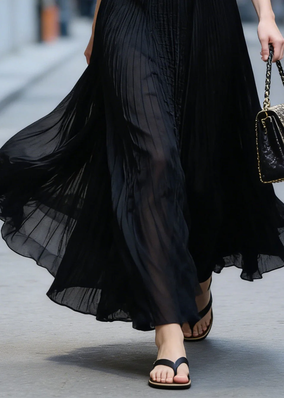 Italian Black Wrinkled Patchwork High Waist Chiffon Skirt Summer - Image 4