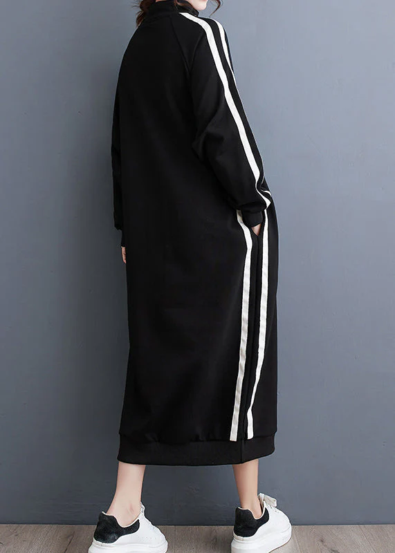 Italian Black Zip Up Patchwork Loose Cotton Long Dresses Fall - Image 4