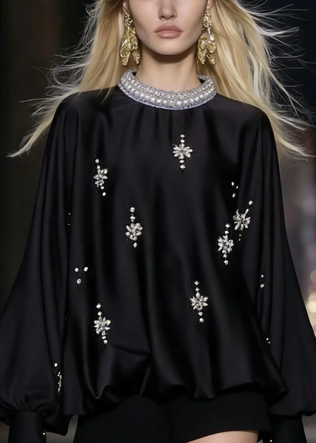 Italian Black Zircon Silk Shirt Batwing Sleeve - Image 2
