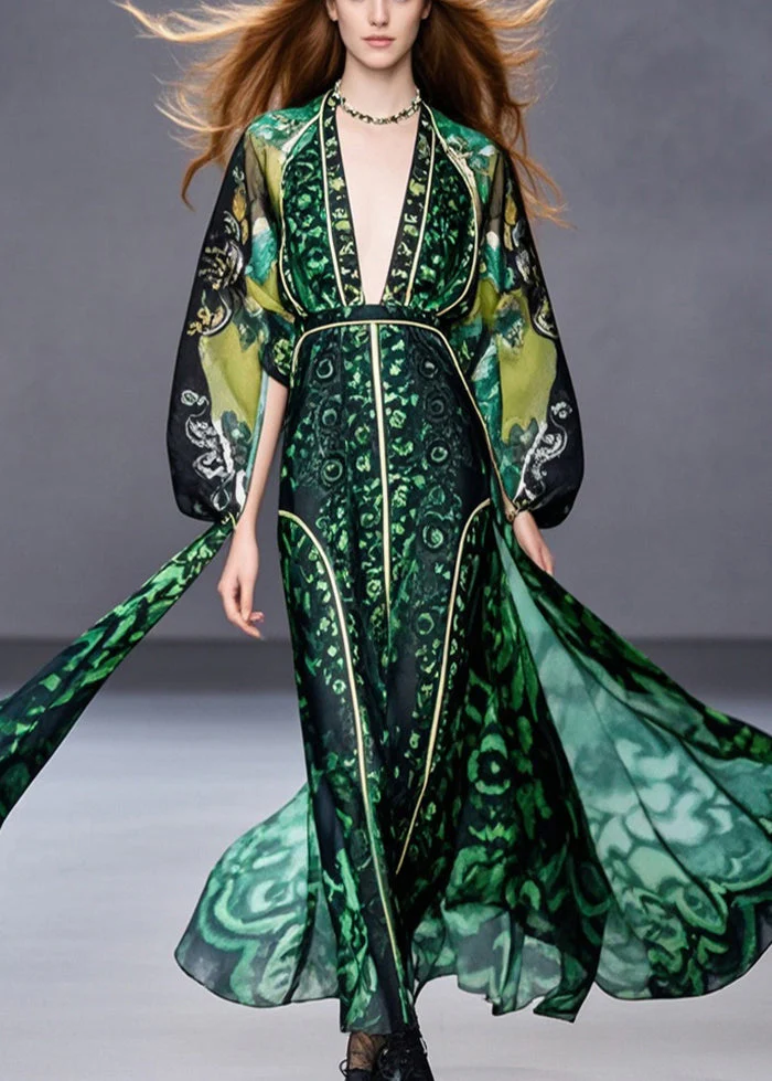 Italian Blackish Green Cinched Print Chiffon Dress Spring - Image 3
