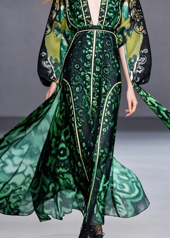 Italian Blackish Green Cinched Print Chiffon Dress Spring - Image 4