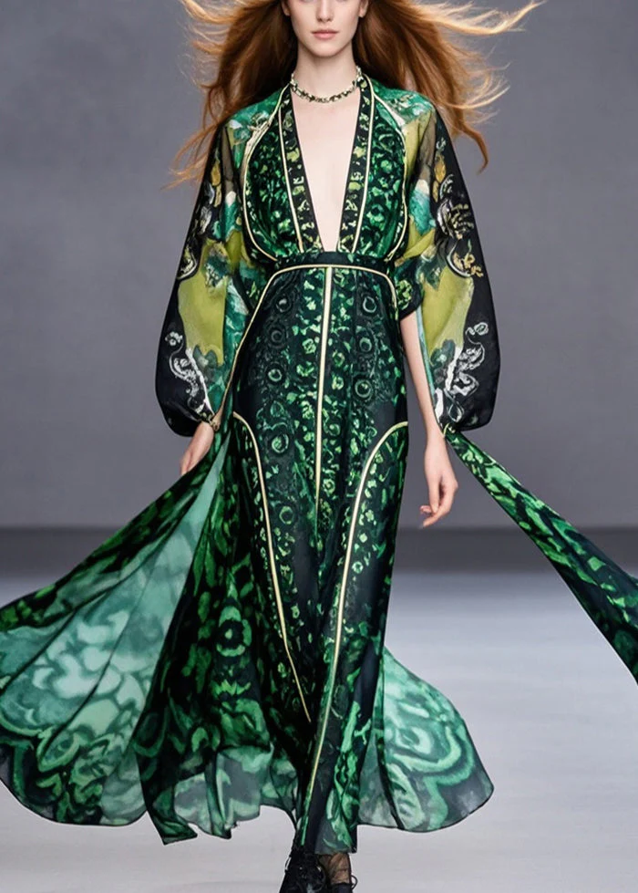 Italian Blackish Green Cinched Print Chiffon Dress Spring - Image 5