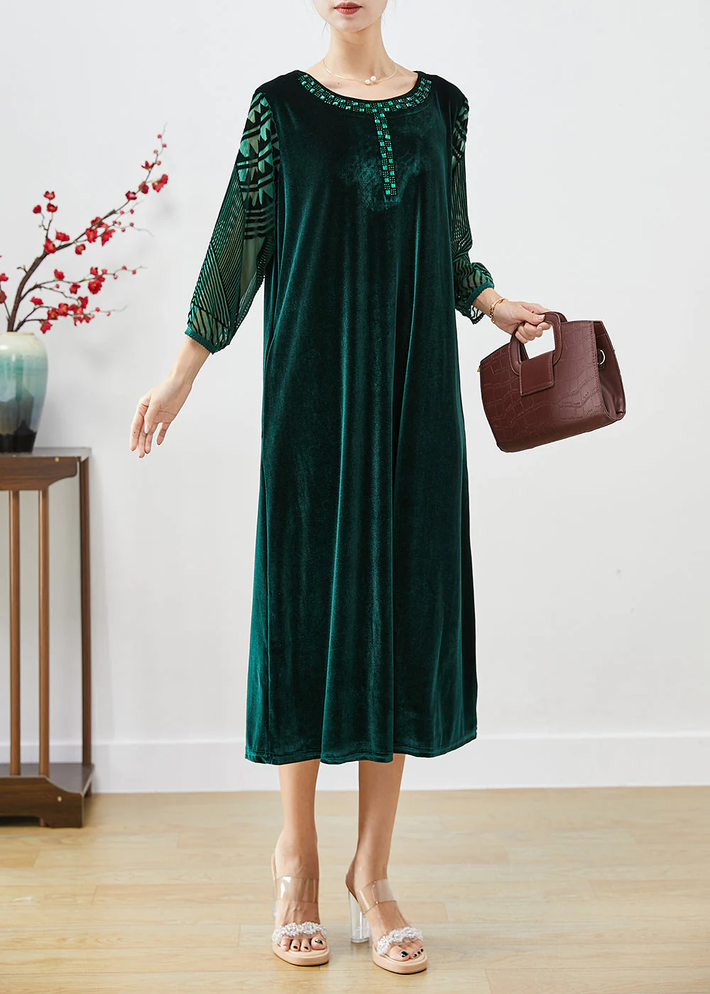 Italian Blackish Green Hollow Out Zircon Silk Velour Long Dresses Bracelet Sleeve - Image 2