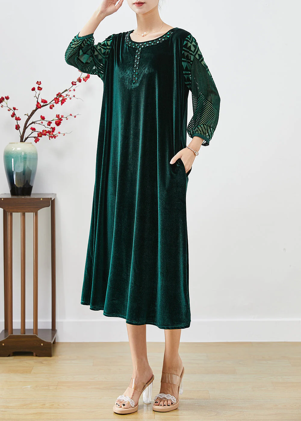 Italian Blackish Green Hollow Out Zircon Silk Velour Long Dresses Bracelet Sleeve - Image 3