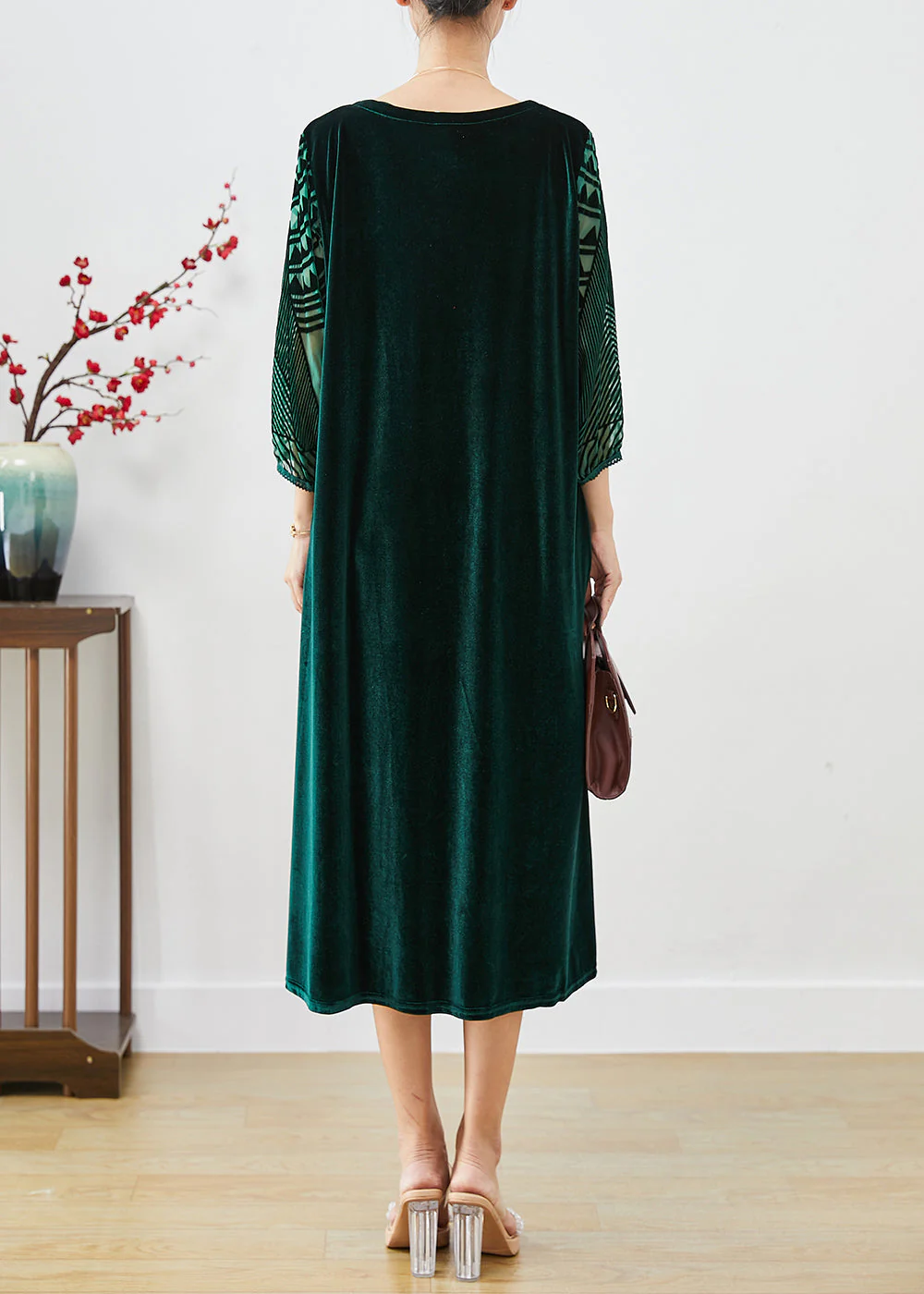 Italian Blackish Green Hollow Out Zircon Silk Velour Long Dresses Bracelet Sleeve - Image 4