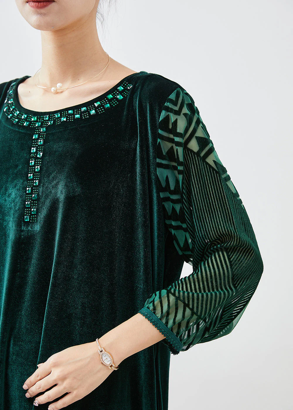 Italian Blackish Green Hollow Out Zircon Silk Velour Long Dresses Bracelet Sleeve - Image 5