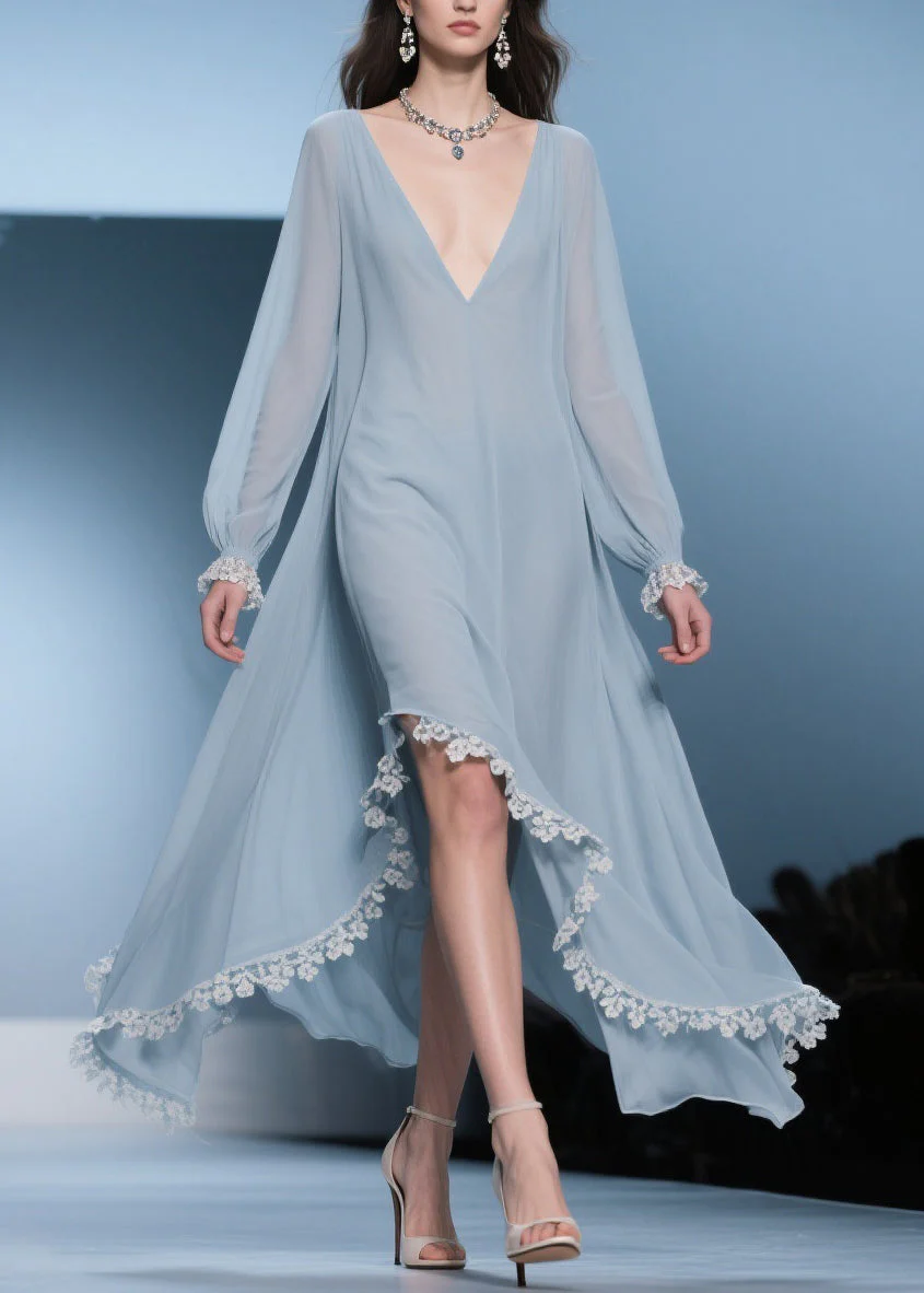 Italian Blue Asymmetrical Lace Chiffon Long Dresses Lantern Sleeve - Image 3