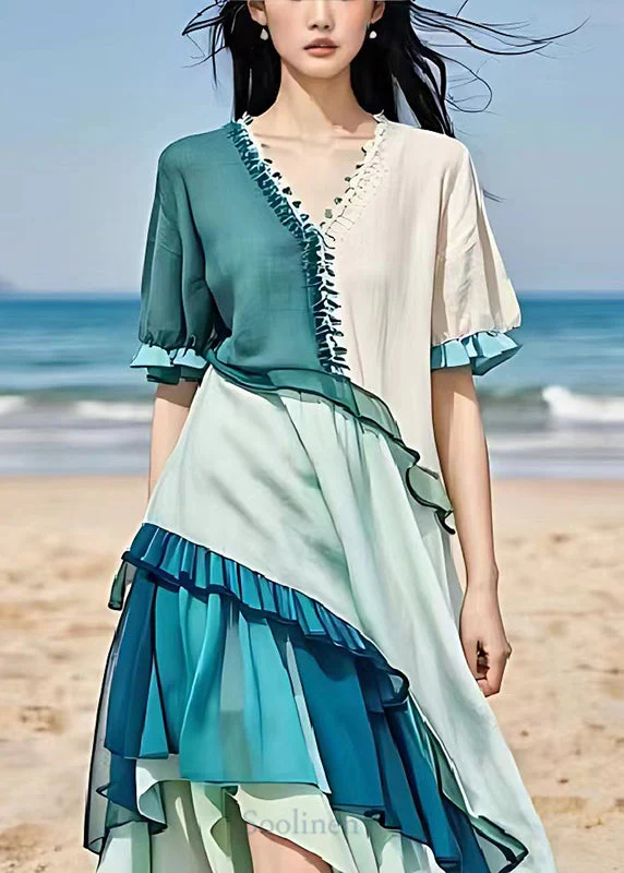 Italian Blue Asymmetrical Patchwork Ruffles Linen Dresses Summer - Image 2