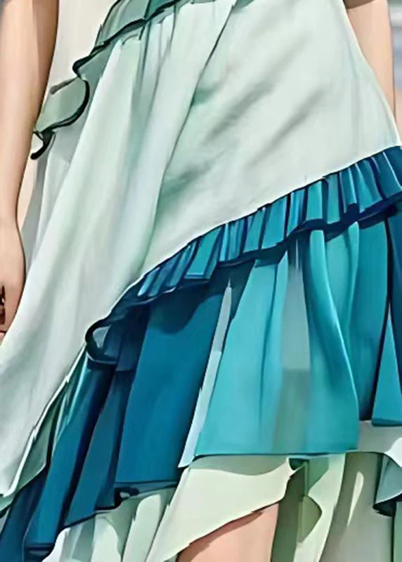Italian Blue Asymmetrical Patchwork Ruffles Linen Dresses Summer - Image 5
