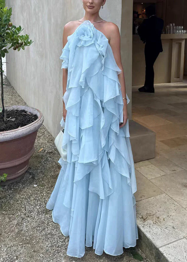 Italian Blue Backless Solid Chiffon Spaghetti Strap Dress Sleeveless - Image 3