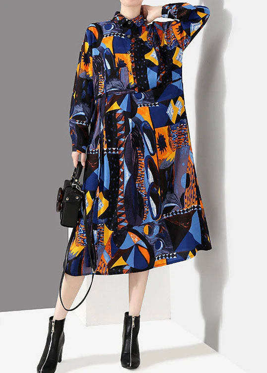 Italian Blue button tie waist Peter Pan Collar print shirt Dresses Spring - Image 2