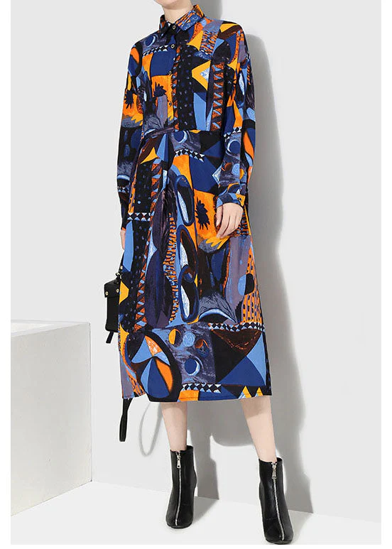 Italian Blue button tie waist Peter Pan Collar print shirt Dresses Spring - Image 3