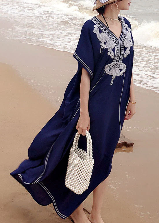 Italian Blue Embroideried side open kimono robe Maxi Dresses Summer Cotton - Image 2