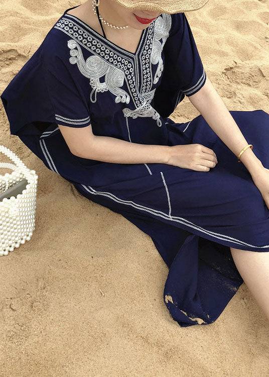 Italian Blue Embroideried side open kimono robe Maxi Dresses Summer Cotton - Image 3