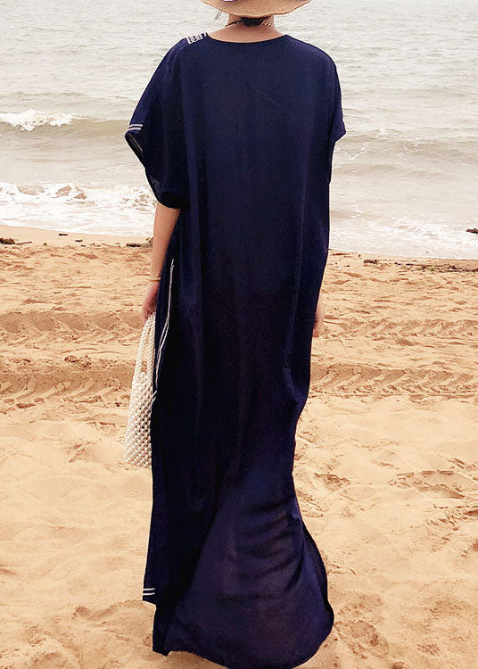 Italian Blue Embroideried side open kimono robe Maxi Dresses Summer Cotton - Image 4
