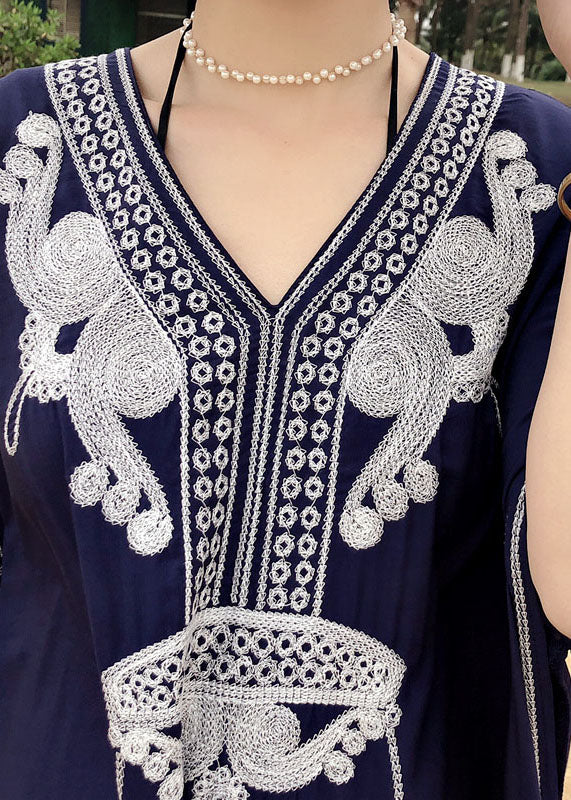 Italian Blue Embroideried side open kimono robe Maxi Dresses Summer Cotton - Image 5
