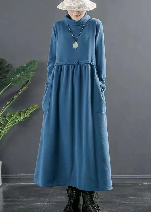 Italian Blue Hign Neck Lace Up Patchwork Cotton Long Dresses Fall - Image 2