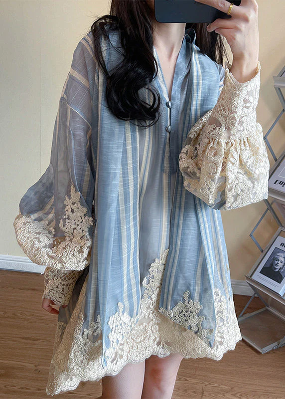 Italian Blue Lace Patchwork Cotton Shirts Dress Spring - Image 3