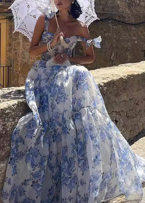 Italian Blue Lace Up Print Chiffon Spaghetti Strap Dresses Sleeveless - Image 2