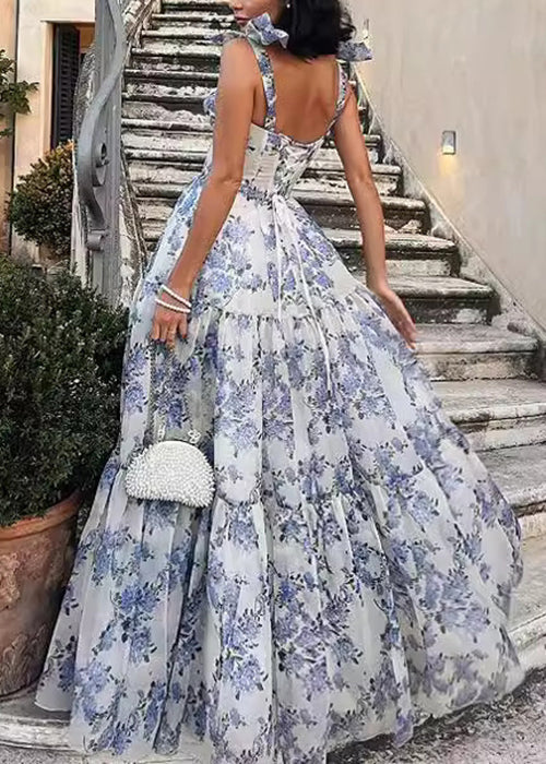 Italian Blue Lace Up Print Chiffon Spaghetti Strap Dresses Sleeveless - Image 3