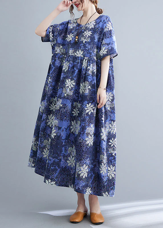 Italian Blue O-Neck Cinched Print Maxi Dresses Short Sleeve - Image 2