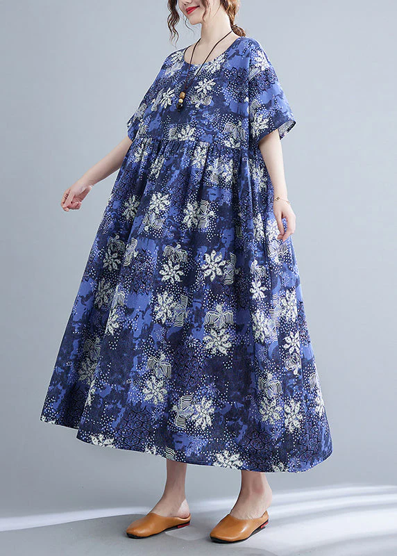 Italian Blue O-Neck Cinched Print Maxi Dresses Short Sleeve - Image 3