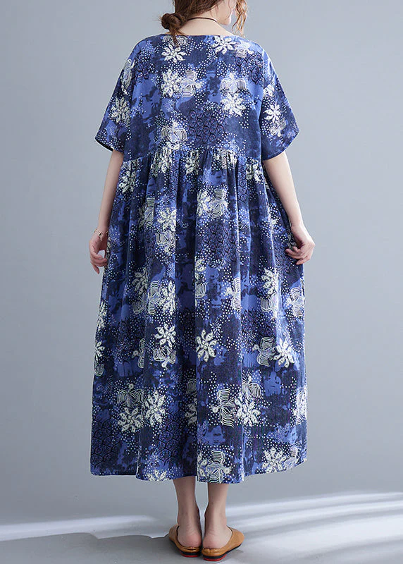 Italian Blue O-Neck Cinched Print Maxi Dresses Short Sleeve - Image 4