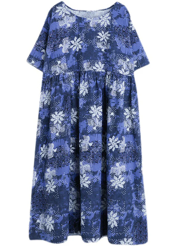 Italian Blue O-Neck Cinched Print Maxi Dresses Short Sleeve - Image 5