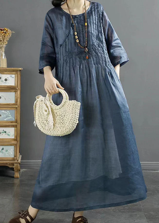 Italian Blue O Neck Embroideried Patchwork Long Linen Dresses Summer - Image 3