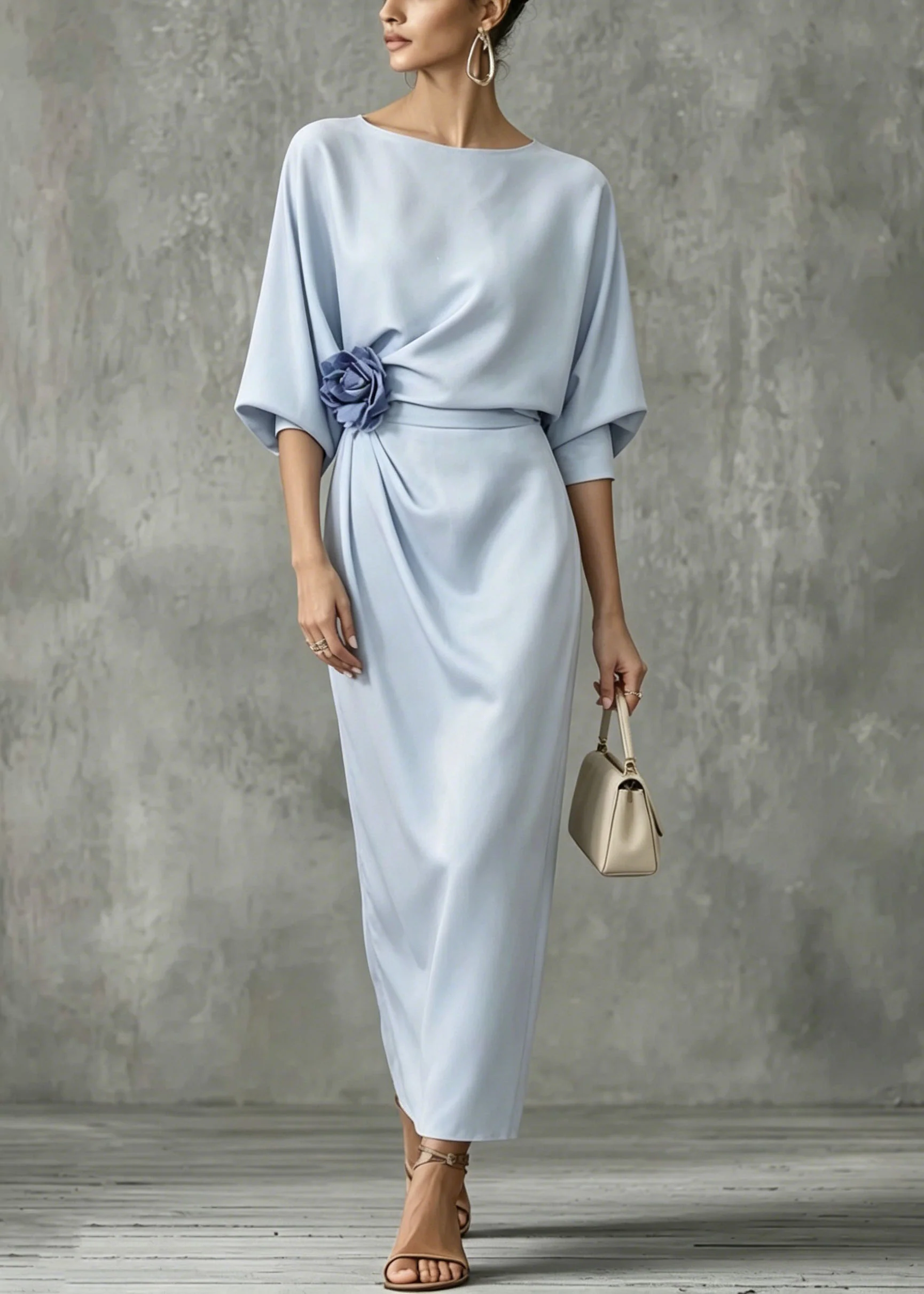 Italian Blue O Neck Floral Cotton Maxi Dress Summer - Image 3