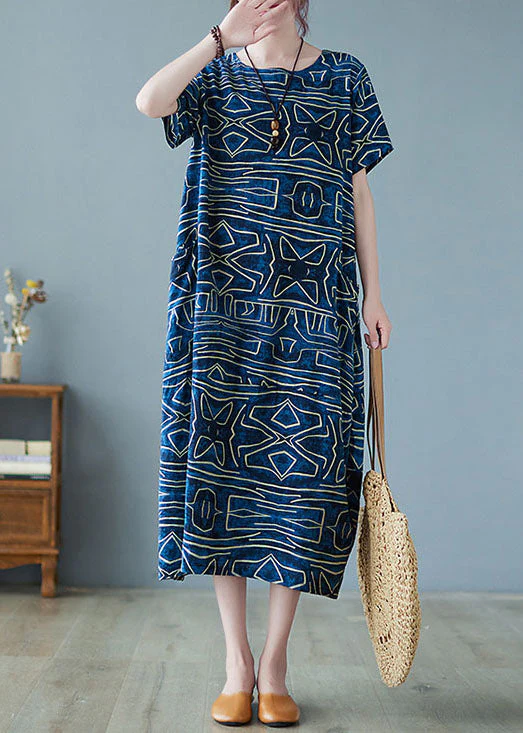 Italian Blue O-Neck Geometric Print Pockets Cotton Maxi Dress Short Sleeve - Image 2