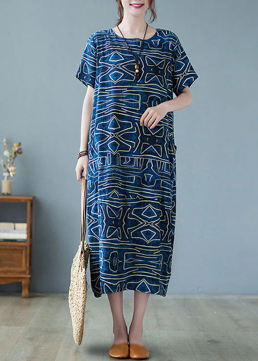 Italian Blue O-Neck Geometric Print Pockets Cotton Maxi Dress Short Sleeve - Image 3
