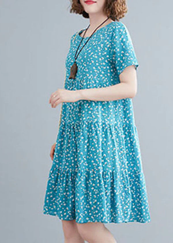 Italian Blue O-Neck Print Cotton Holiday Dress Short Sleeve - Image 2