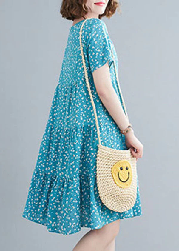 Italian Blue O-Neck Print Cotton Holiday Dress Short Sleeve - Image 3