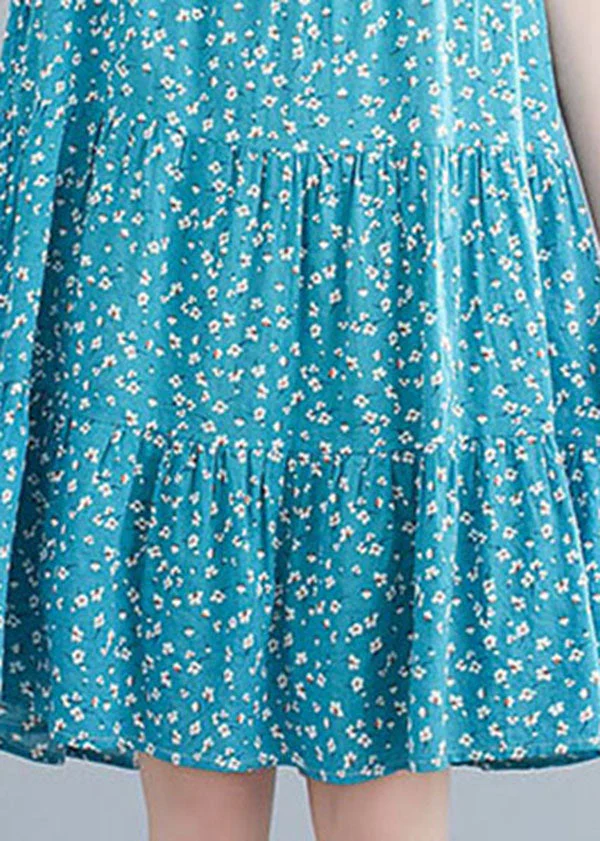 Italian Blue O-Neck Print Cotton Holiday Dress Short Sleeve - Image 4