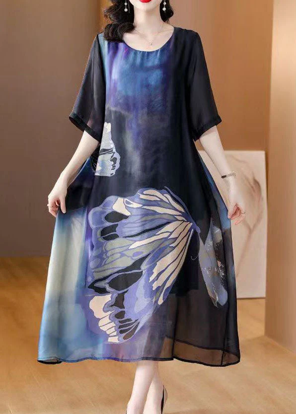 Italian Blue O Neck Print Patchwork Slim Silk Dresses Summer - Image 2