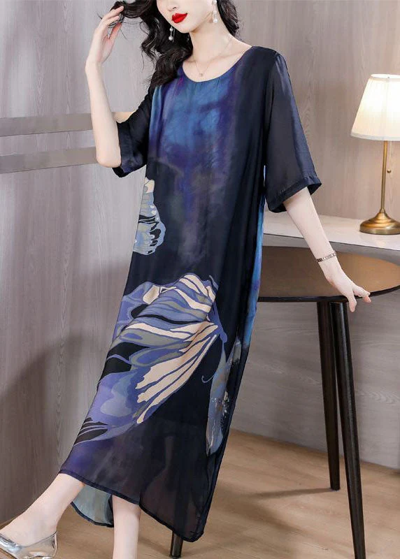 Italian Blue O Neck Print Patchwork Slim Silk Dresses Summer - Image 3