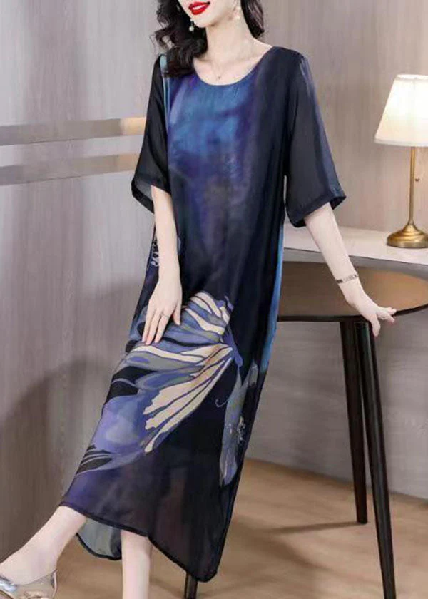 Italian Blue O Neck Print Patchwork Slim Silk Dresses Summer - Image 4