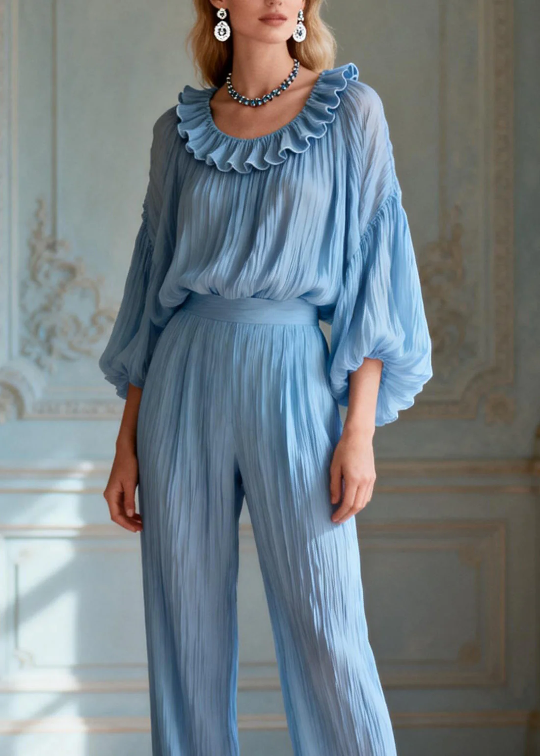 Italian Blue O-Neck Ruffled Patchwork Silk Two-Piece Set Summer - Image 2