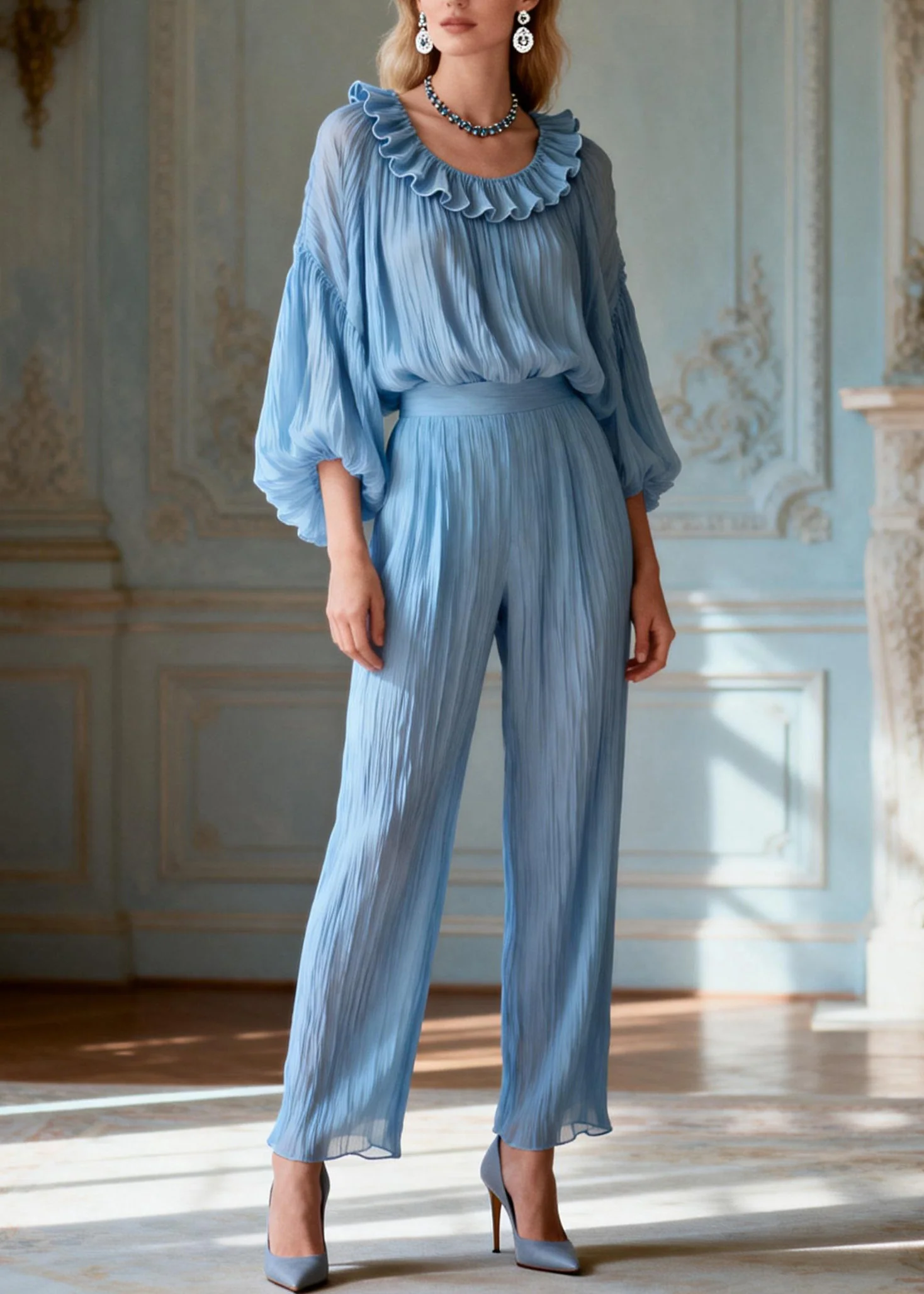 Italian Blue O-Neck Ruffled Patchwork Silk Two-Piece Set Summer - Image 3