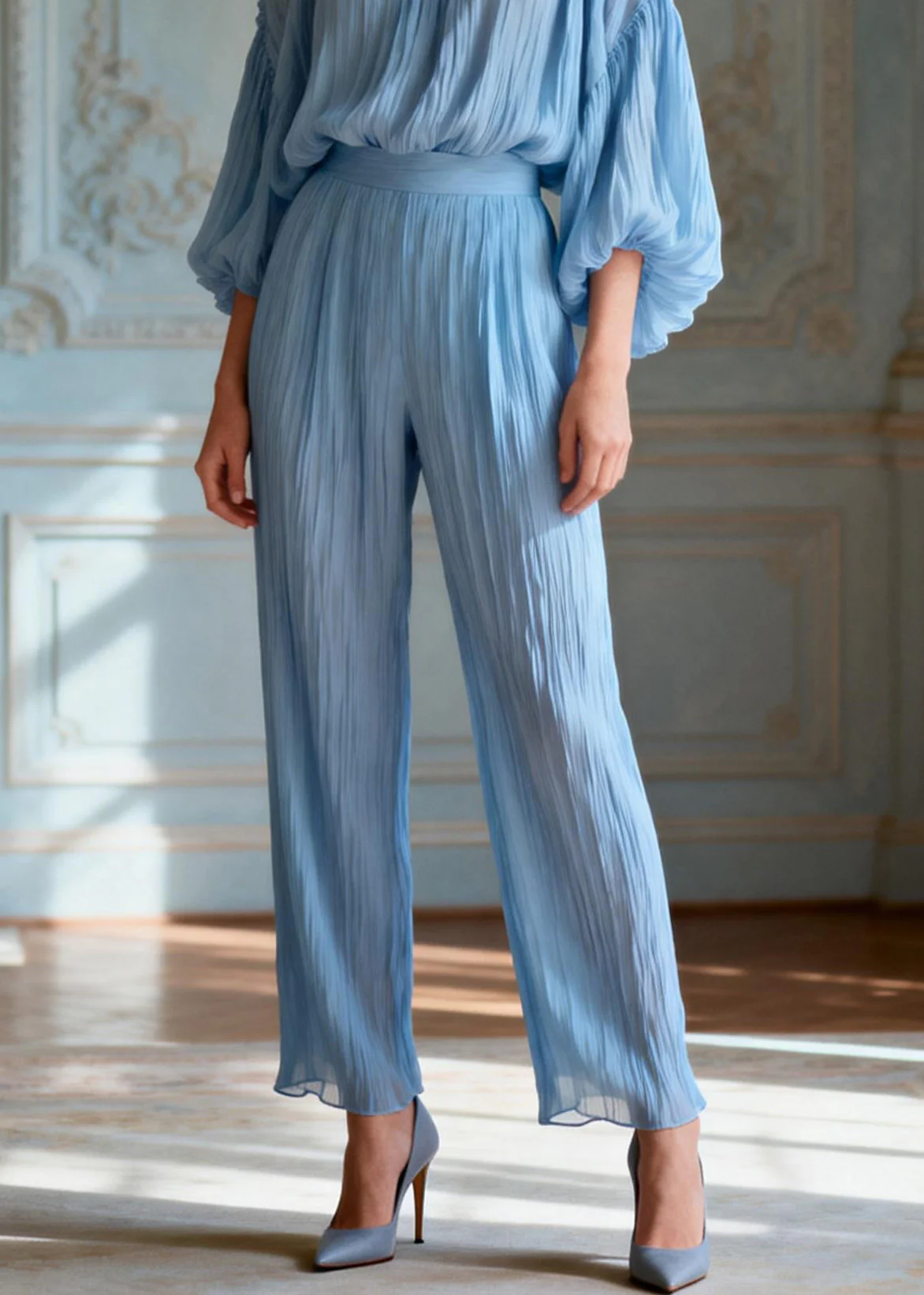 Italian Blue O-Neck Ruffled Patchwork Silk Two-Piece Set Summer - Image 4