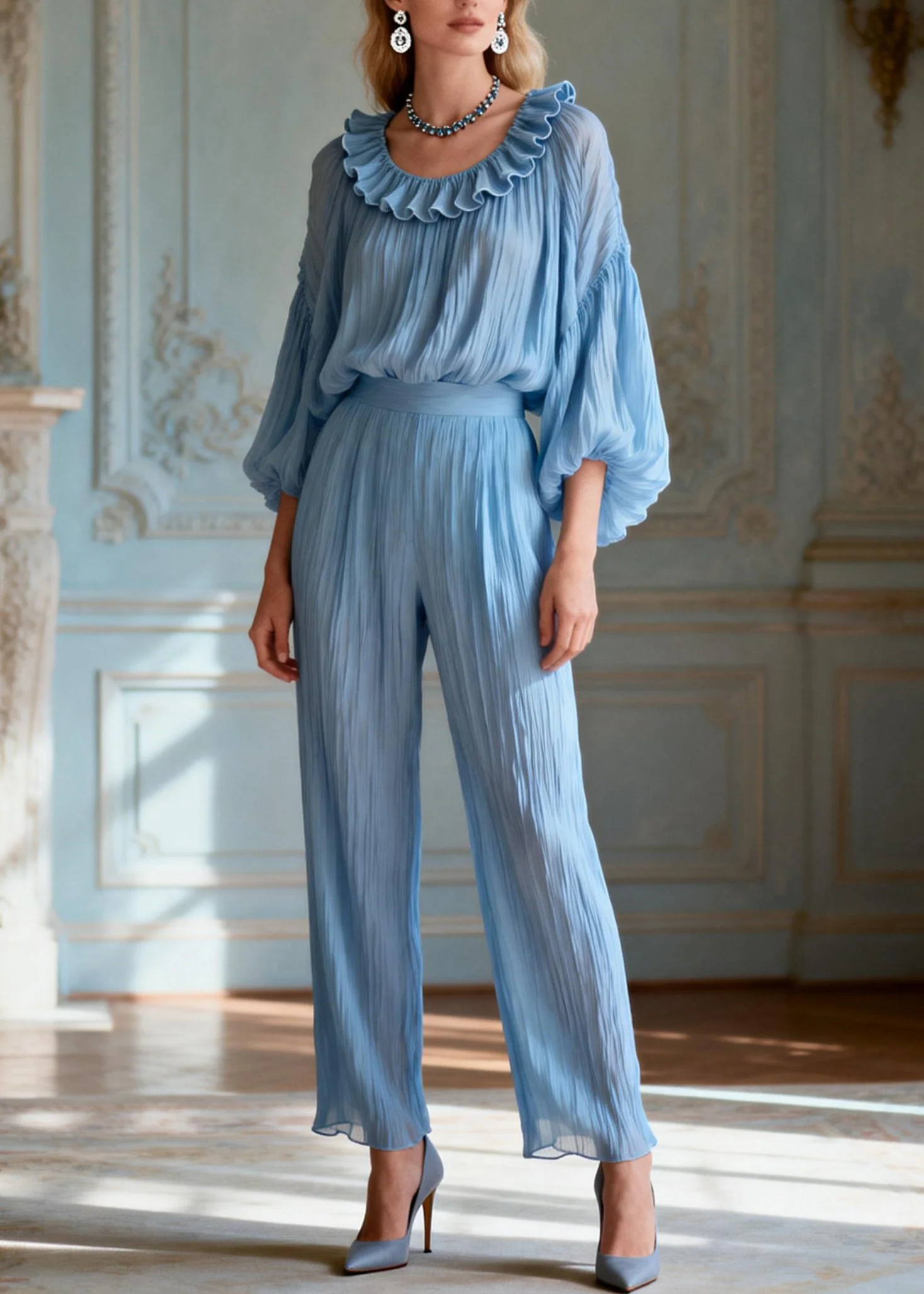 Italian Blue O-Neck Ruffled Patchwork Silk Two-Piece Set Summer - Image 5