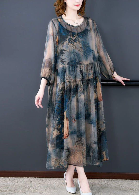 Italian Blue O-Neck Wrinkled Print Patchwork Silk Dress Two Pieces Set Summer - Image 2