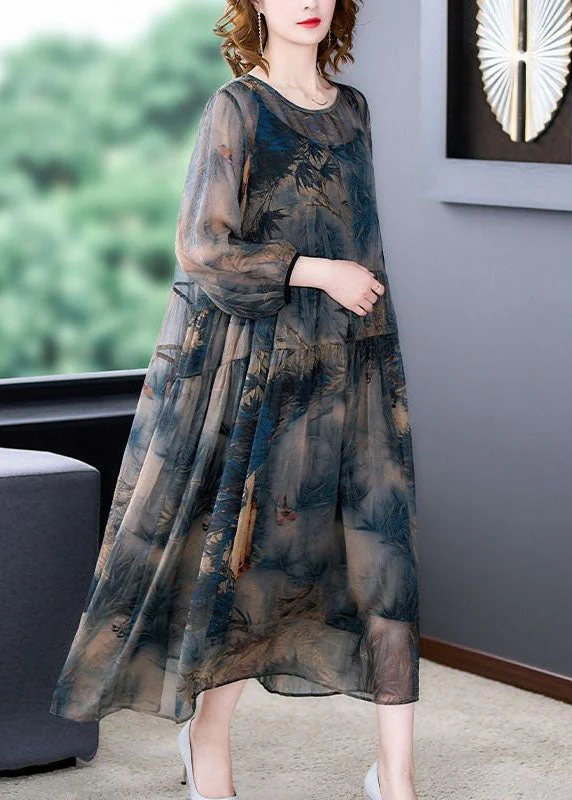 Italian Blue O-Neck Wrinkled Print Patchwork Silk Dress Two Pieces Set Summer - Image 3